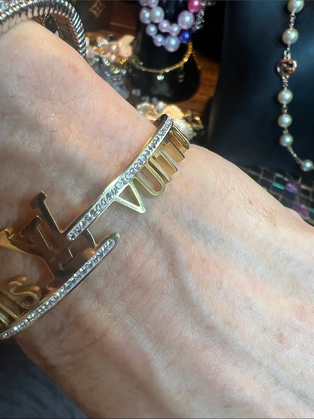 Gold-Tone Stainless Steel Letter Accent Hinged Cuff Bracelet - Women Jewelry